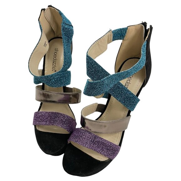 SHOEDAZZLE Sandals Sparkly Stilettos Blue Purple Black Special Occasion Size 8 M - Picture 4 of 4